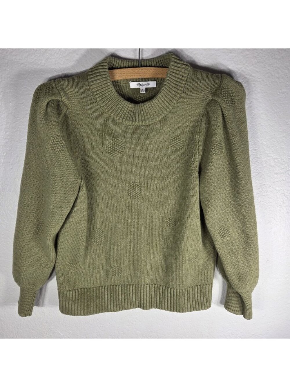Madewell Wool Dotted Eaton Puff Sleeve Sweater Olive Green Cropped Size S